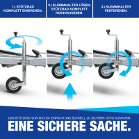 St&uuml;tzrad f&uuml;r Anh&auml;nger (ohne Klemmhalter) | 150 KG | Rad 48 mm | 590 mm Hub