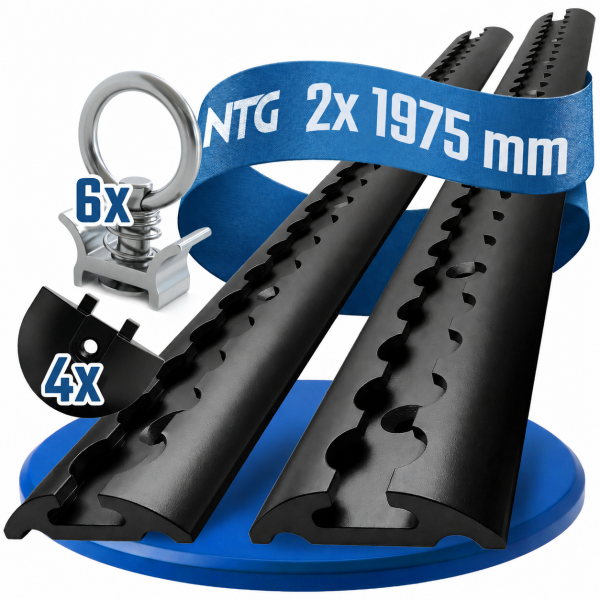 NTG Blackline Set 2x2m Airlineschiene Zurrschiene halbrund Aluminium schwarz Eloxiert, 6x Einfach-Fitting Alu &amp; 4x Endkappe Sparset 1.2