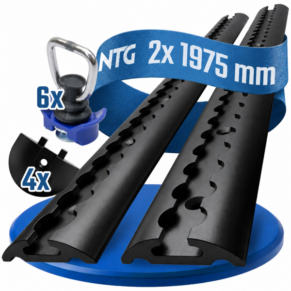NTG Blackline Set 2x2m Airlineschiene Zurrschiene halbrund Aluminium schwarz Eloxiert, 6x Einfach-Fitting Kunststoff &amp; 4x Endkappe Sparset 2.2