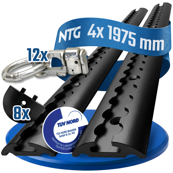 NTG Blackline Set 4x2m Airlineschiene Zurrschiene halbrund Aluminium schwarz Eloxiert, 12x Doppel-Fitting Alu &amp; 8x Endkappe Sparset 3.4