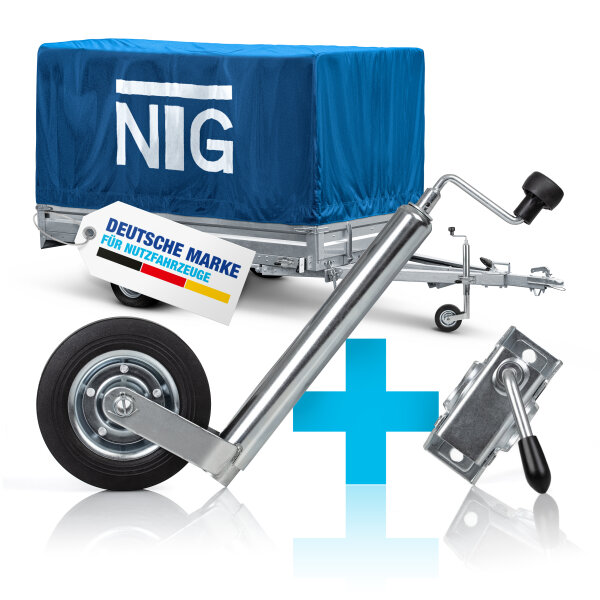 NTG St&uuml;tzrad f&uuml;r Anh&auml;nger + Klemmhalter | 150 KG | Rad 48 mm | 590 mm Hub