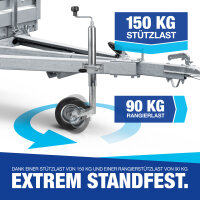 NTG St&uuml;tzrad f&uuml;r Anh&auml;nger + Klemmhalter | 150 KG | Rad 48 mm | 590 mm Hub