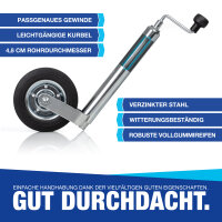 NTG St&uuml;tzrad f&uuml;r Anh&auml;nger + Klemmhalter | 150 KG | Rad 48 mm | 590 mm Hub