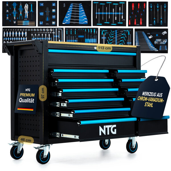 Werkzeugwagen XXL inkl. 471 tlg. Werkzeug, 12 Schubladen mit Holzplatte