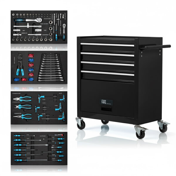 Werkzeugwagen inkl. Werkzeug 70 Teile + gro&szlig;es Fach - BLACK