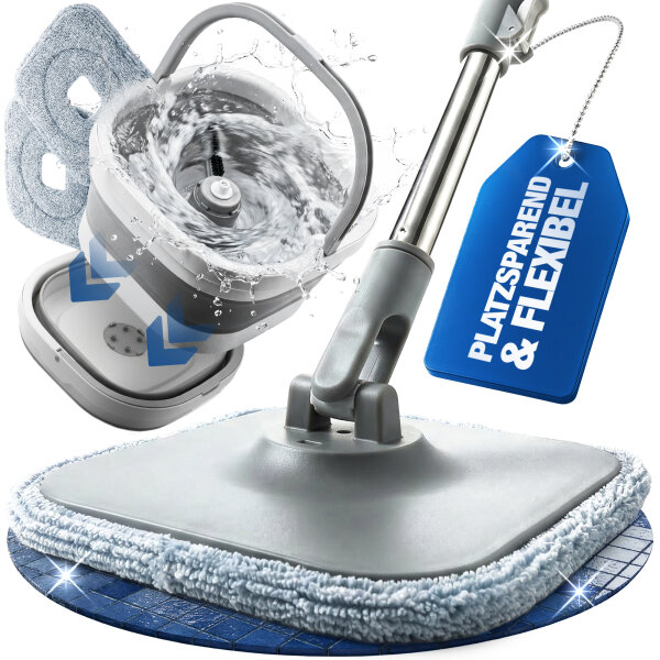 NTG Wischmopp-Set mit zusammenfaltbarem Flex-Eimer mit 123 cm Teleskopstange, Mikrofaser-Wischpads &ndash; f&uuml;r alle Bodenarten