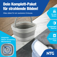 NTG Wischmopp-Set mit zusammenfaltbarem Flex-Eimer mit 123 cm Teleskopstange, Mikrofaser-Wischpads &ndash; f&uuml;r alle Bodenarten