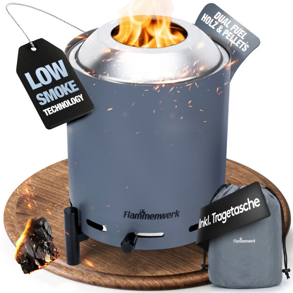 Flammenwerk Raucharmes Tischfeuer f&uuml;r Pellets &amp; Holz &ndash; Kompaktes Outdoor-Flammenfeuer mit Luftregulierung, Edelstahl-Design &amp; Tragetasche &ndash; Perfekt f&uuml;r Balkon, Terrasse &amp; Camping