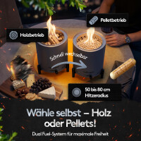 Flammenwerk Raucharmes Tischfeuer f&uuml;r Pellets &amp; Holz &ndash; Kompaktes Outdoor-Flammenfeuer mit Luftregulierung, Edelstahl-Design &amp; Tragetasche &ndash; Perfekt f&uuml;r Balkon, Terrasse &amp; Camping