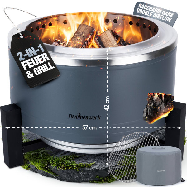 Flammenwerk Raucharmes Holz- &amp; Pellet-Feuerstelle mit Grillrost &ndash; Patentierte Smokeless-Technologie, Dual-Fuel System, Edelstahl &amp; Stahl &ndash; Outdoor Feuerstelle &amp; Grill f&uuml;r Garten, Terrasse &amp; Camping