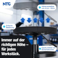 NTG Rollhocker H&ouml;henverstellbar bis 55 cm &ndash; Werkstatthocker bis 100 kg mit 5 Rollen &amp; Ablageschale &ndash; Drehhocker Werkstatt &ndash; Montagehocker mit PU Sitzpolster &ndash; Werkstattsitz f&uuml;r Garage KFZ Werkstatt