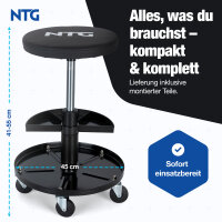 NTG Rollhocker H&ouml;henverstellbar bis 55 cm &ndash; Werkstatthocker bis 100 kg mit 5 Rollen &amp; Ablageschale &ndash; Drehhocker Werkstatt &ndash; Montagehocker mit PU Sitzpolster &ndash; Werkstattsitz f&uuml;r Garage KFZ Werkstatt