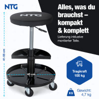 NTG Rollhocker H&ouml;henverstellbar bis 55 cm &ndash; Werkstatthocker bis 100 kg mit 5 Rollen &amp; Ablageschale &ndash; Drehhocker Werkstatt &ndash; Montagehocker mit PU Sitzpolster &ndash; Werkstattsitz f&uuml;r Garage KFZ Werkstatt