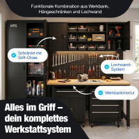 NTG XL Werkstattwand Komplett-Set 210 cm &ndash; Modulares Werkstattsystem mit 25 mm Holzarbeitsplatte, Werkzeugschr&auml;nken, Lochwand &amp; Werkbank, 200 kg Traglast, Schwarz RAL 9005