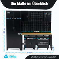 NTG XL Werkstattwand Komplett-Set 210 cm &ndash; Modulares Werkstattsystem mit 25 mm Holzarbeitsplatte, Werkzeugschr&auml;nken, Lochwand &amp; Werkbank, 200 kg Traglast, Schwarz RAL 9005