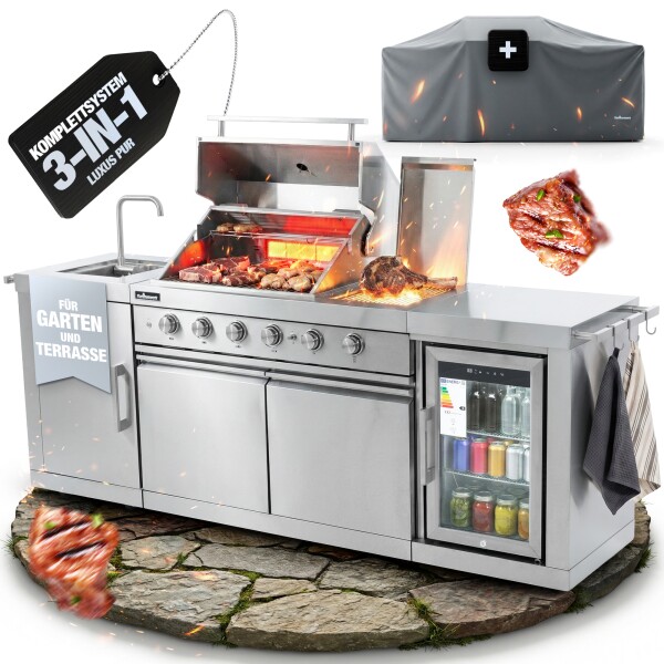 Flammenwerk Outdoor-K&uuml;che Edelstahl 6-Brenner 24,1 kW mit Sp&uuml;le, K&uuml;hlschrank &amp; Abdeckhaube
