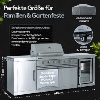 Flammenwerk Outdoor-K&uuml;che Edelstahl 6-Brenner 24,1 kW mit Sp&uuml;le, K&uuml;hlschrank &amp; Abdeckhaube
