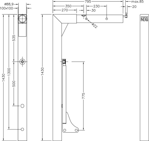 St&uuml;tzbein 18t, A2 starr, 1430 mm lg., mit AHS, pulverlackiert RAL1021