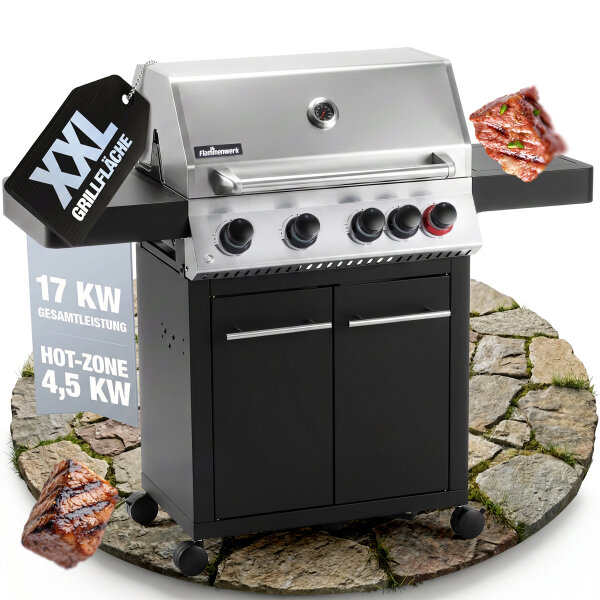 Flammenwerk Gasgrill Edelstahl 4 + 1 Brenner 17 kW mit Seitenbrenner