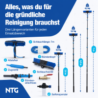 NTG Teleskop Waschb&uuml;rste bis 7,0 m f&uuml;r Fenster Fassaden und Solarpanels mit 2 Spr&uuml;hd&uuml;sen Alu Teleskopstange Schlauch und Seifenbeh&auml;lter