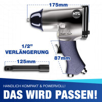 NTG Druckluft Schlagschrauber 310 Nm 1/2 Zoll mit Koffer und 10 N&uuml;ssen f&uuml;r Reifenwechsel KFZ Werkstatt Set 16-teilig mit Drehmoment Schnellkupplung Mini Nebel&ouml;ler 6,3 bar