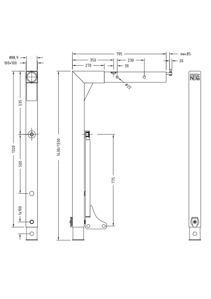 St&uuml;tzbein 18t, A2 tele 1x100, 1430/1330 mm lg., mit AHS, UVT, pulverlackiert RAL9010