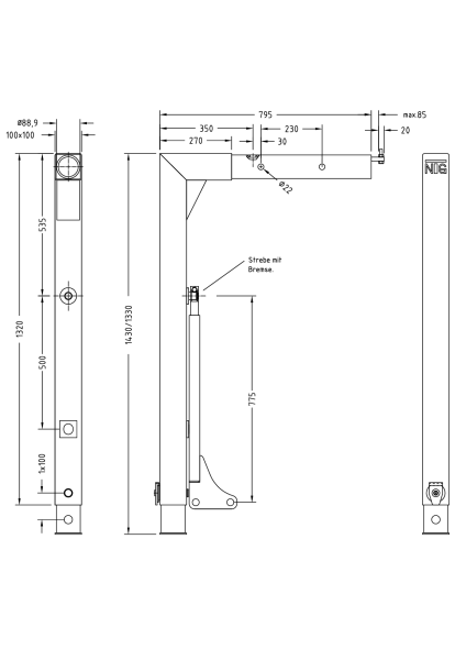 St&uuml;tzbein 18t, A2 tele 1x100, 1430/1330 mm lg., mit AHS, UVT, BR, pulverlackiert RAL1032