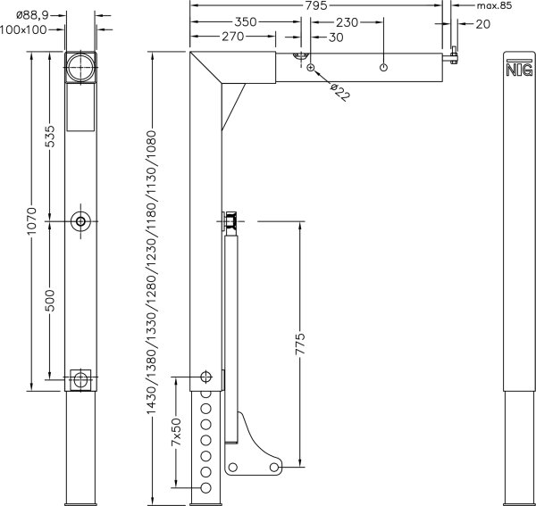 St&uuml;tzbein 18t, A2 tele 7x50, 1430/1080 mm lg., mit AHS, pulverlackiert RAL9010