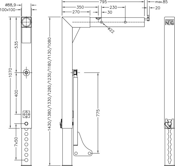 St&uuml;tzbein 18t, A2 tele 7x50, 1430/1080 mm lg., mit AHS, UVT, pulvergrundiert