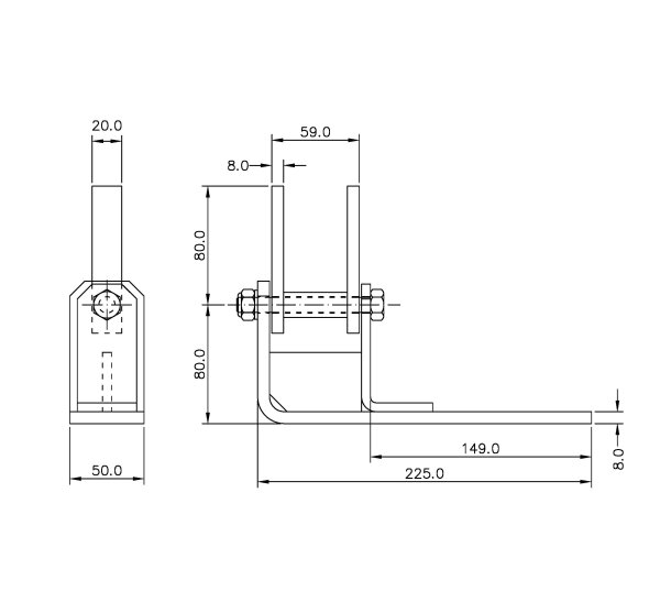 Pendel f&uuml;r Koffer, H&ouml;he 80 mm (+80 mm), L&auml;nge 225 mm, Auflage L&auml;nge 149 mm