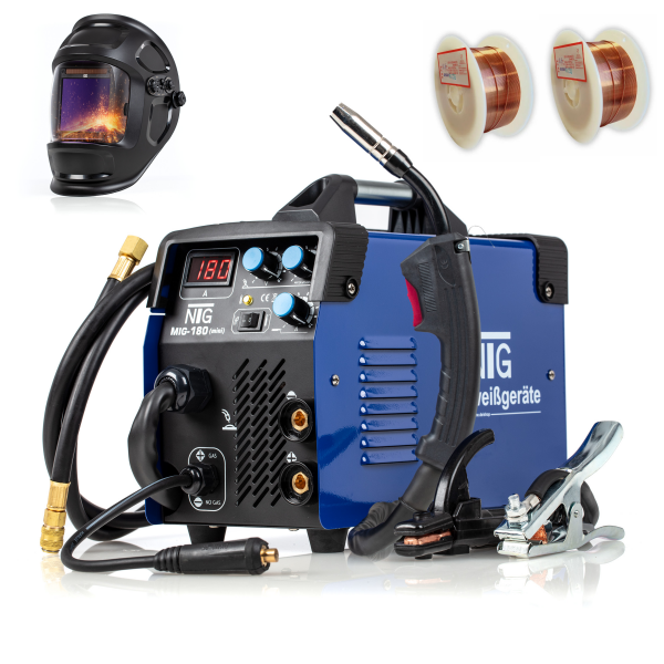 Schwei&szlig;ger&auml;t Schutzgas F&uuml;lldraht MIG MAG MMA MIG-180 mini Inverter inkl. Helm